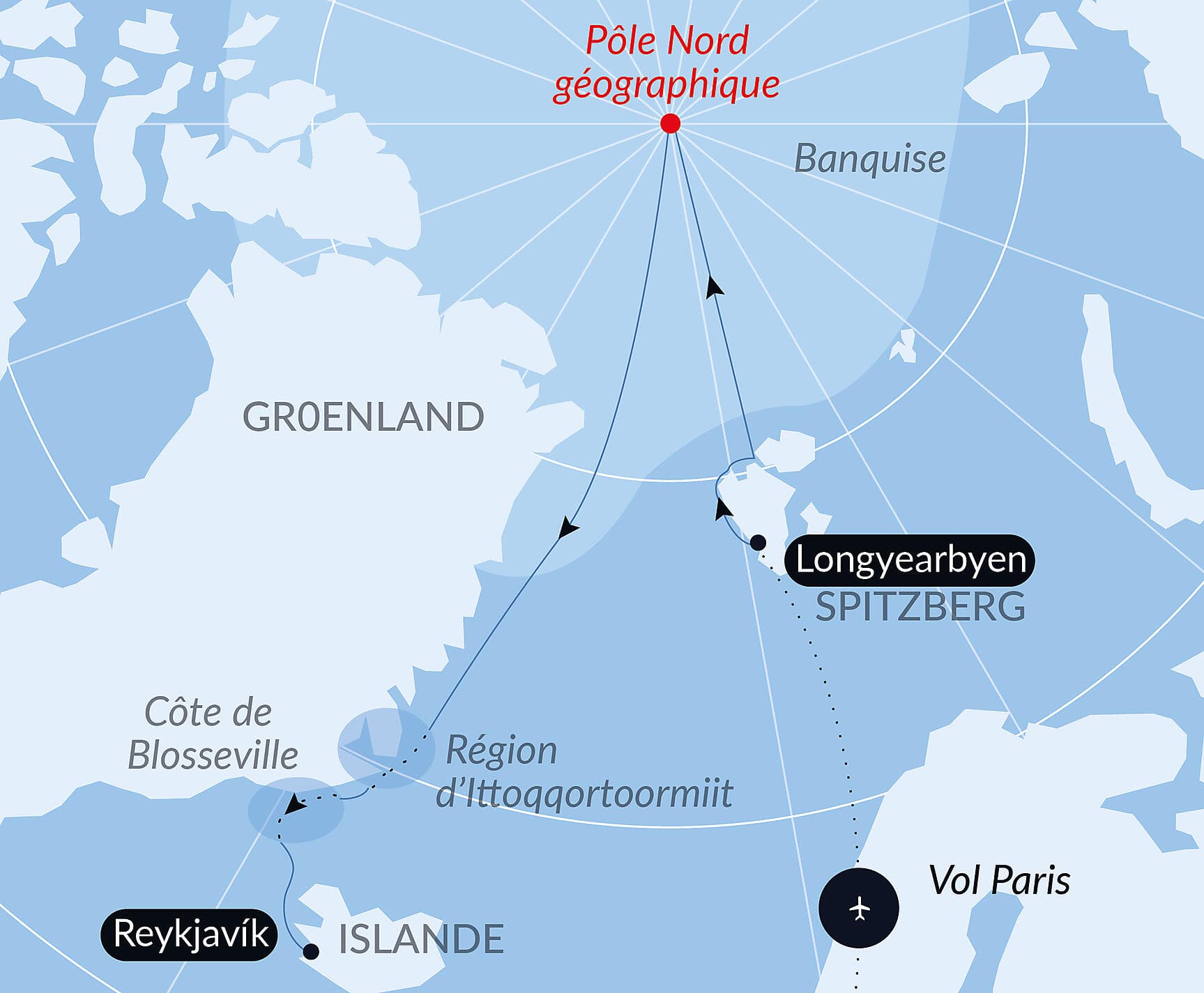 Le pôle Nord géographique et côte est du Groenland